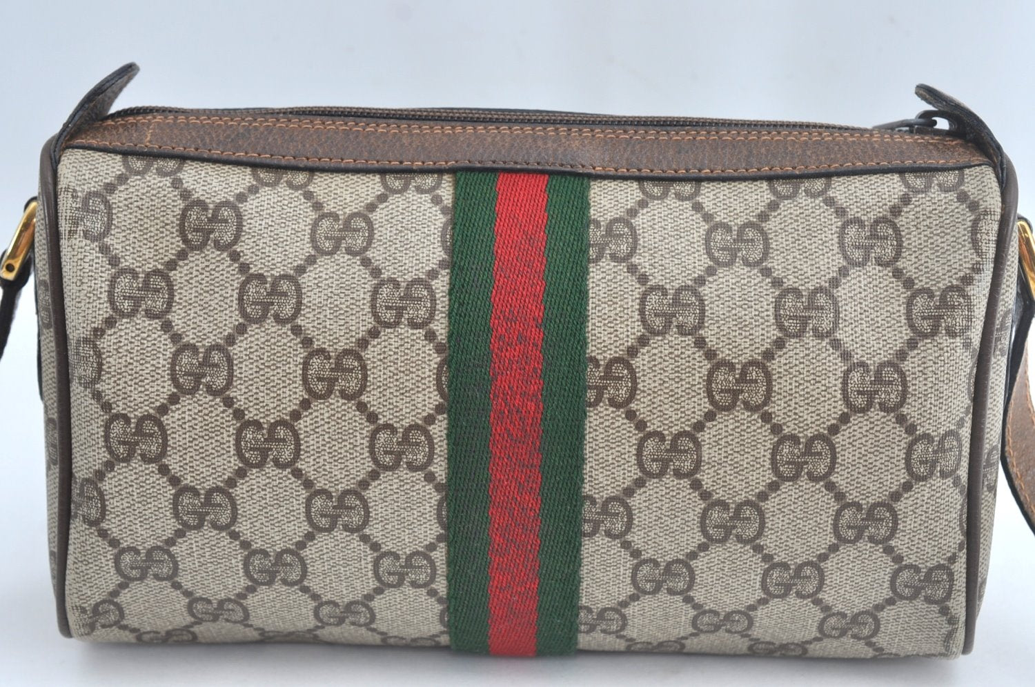 Authentic GUCCI Web Sherry Line Shoulder Bag GG PVC Leather Brown Junk 6896J