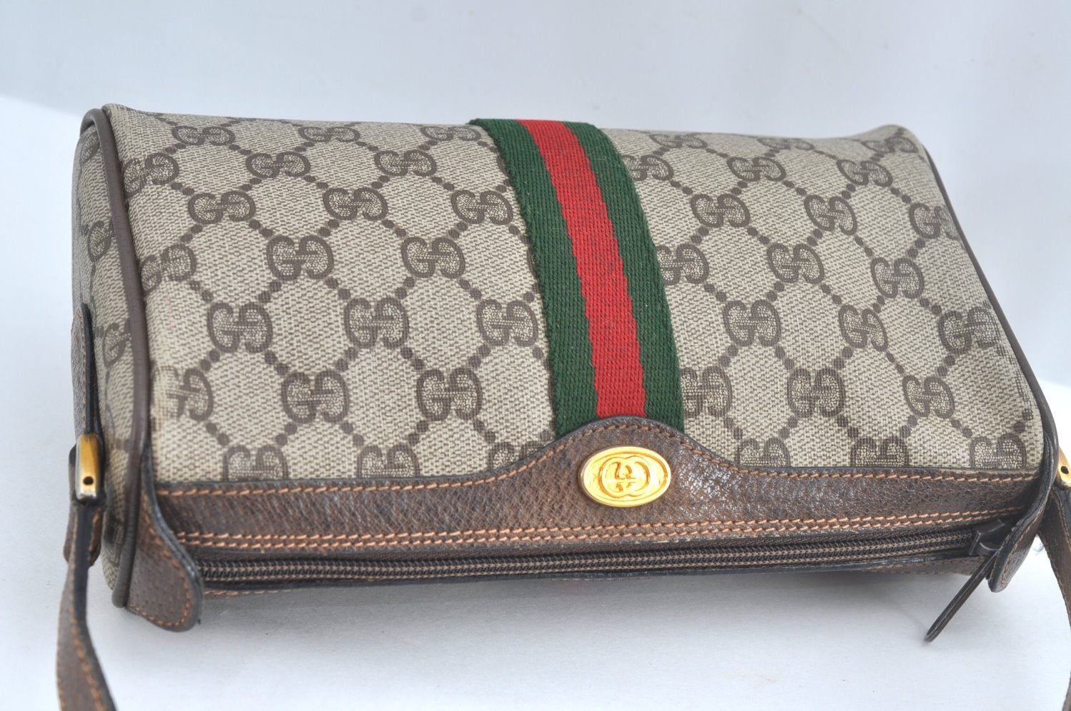 Authentic GUCCI Web Sherry Line Shoulder Bag GG PVC Leather Brown Junk 6896J