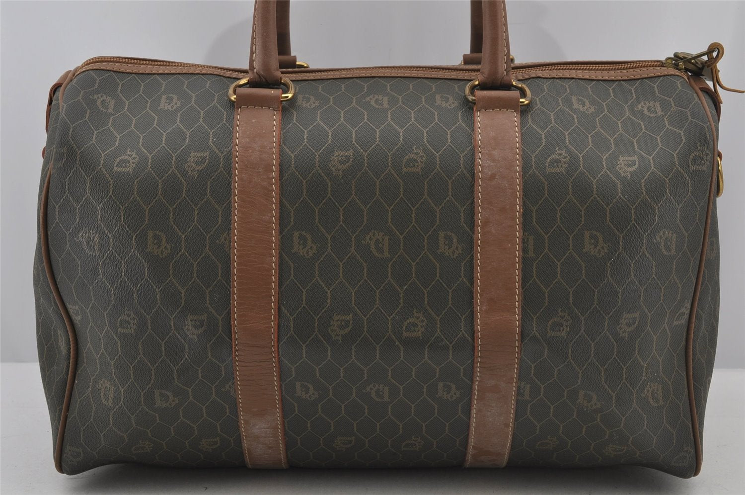 Authentic Christian Dior Honeycomb 2Way Hand Bag PVC Leather Khaki CD 6900J