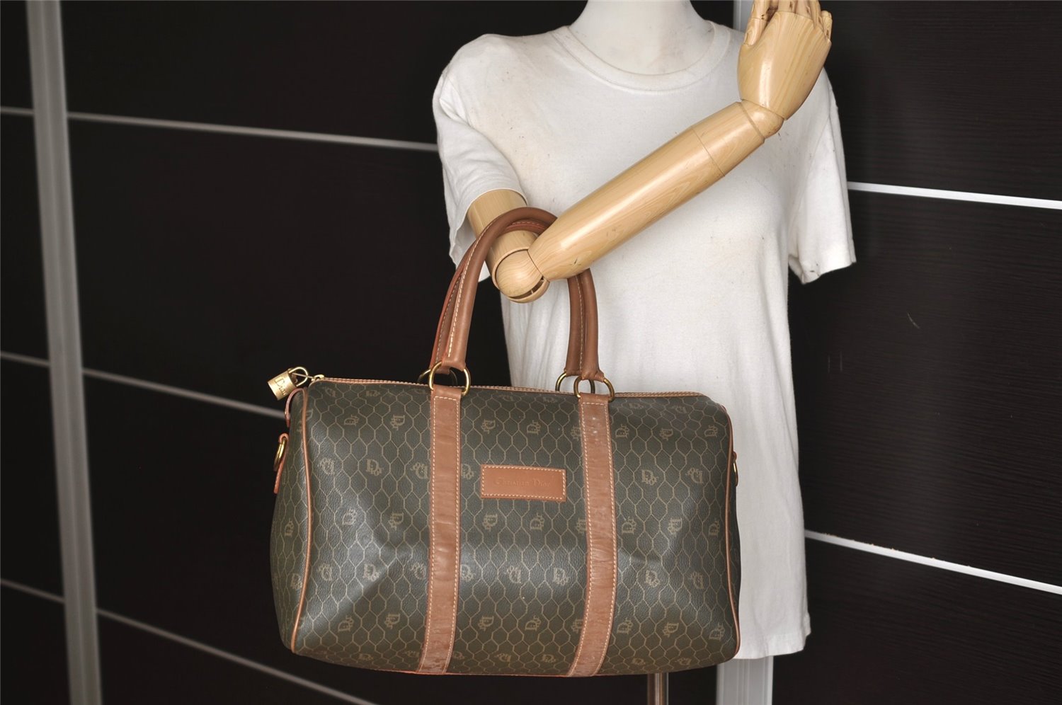 Authentic Christian Dior Honeycomb 2Way Hand Bag PVC Leather Khaki CD 6900J