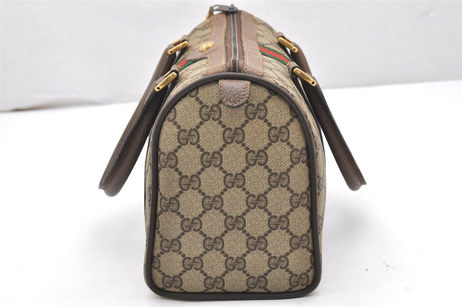 Authentic GUCCI Web Sherry Line Hand Boston Bag GG PVC Leather Brown Junk 6901K