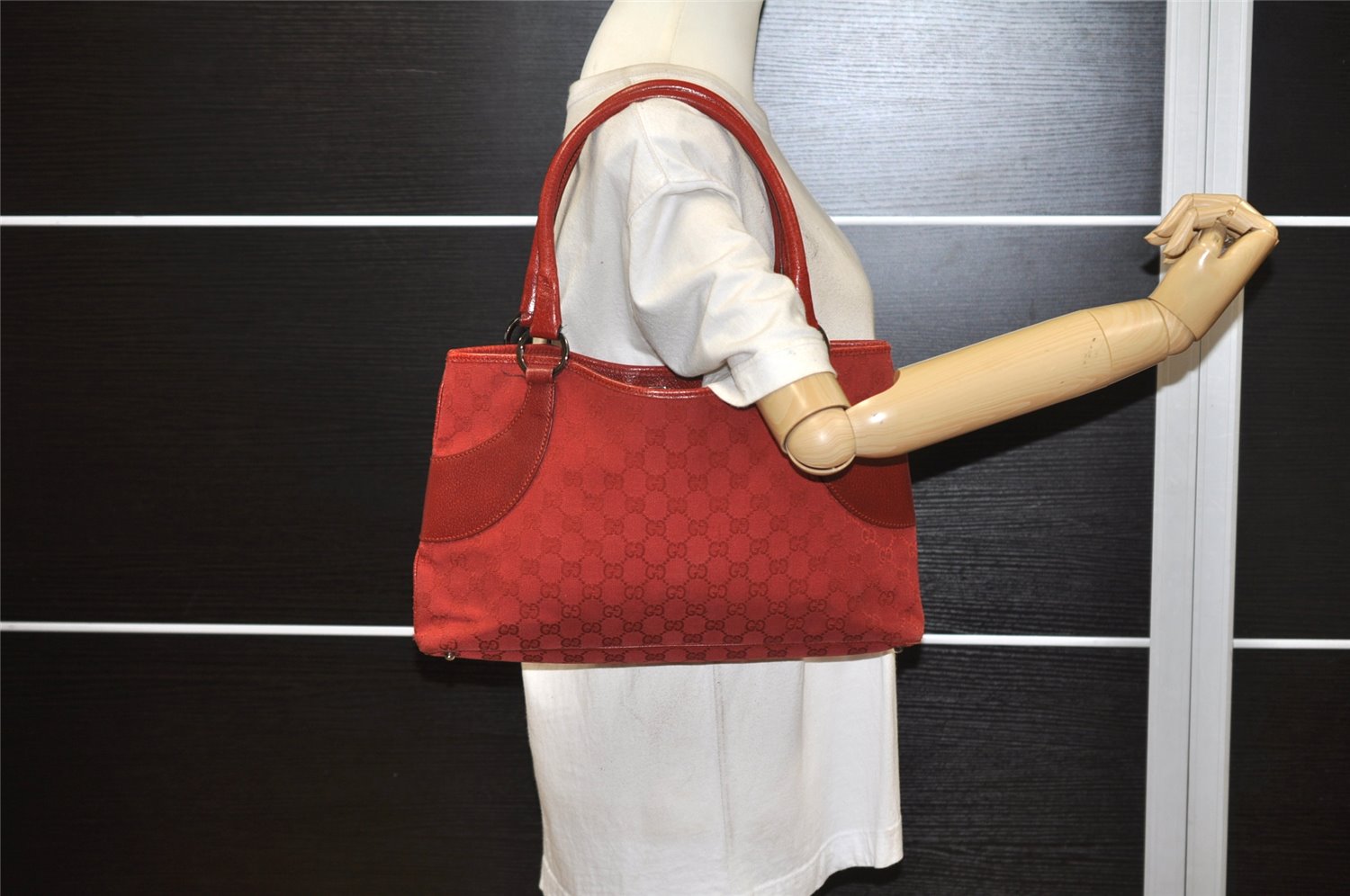 Authentic GUCCI Vintage Shoulder Tote Bag GG Canvas Leather 113015 Red 6902K