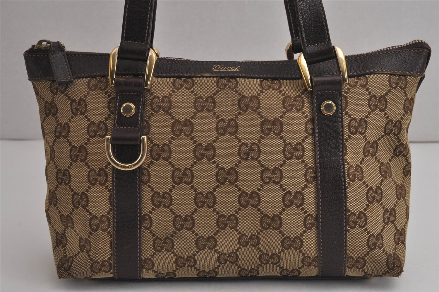 Authentic GUCCI Abbey Hand Tote Bag Purse GG Canvas Leather 141471 Brown 6913J