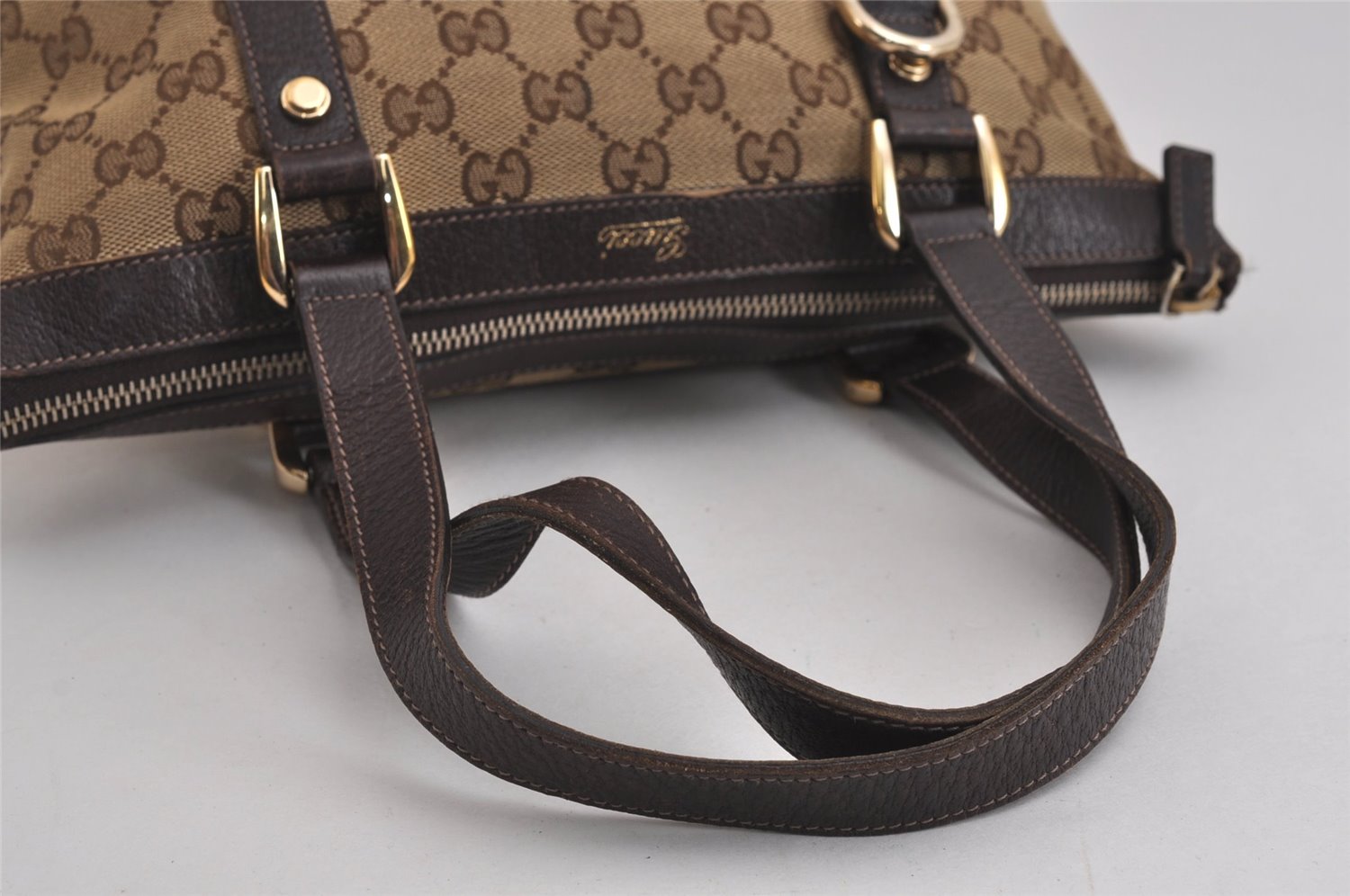 Authentic GUCCI Abbey Hand Tote Bag Purse GG Canvas Leather 141471 Brown 6913J