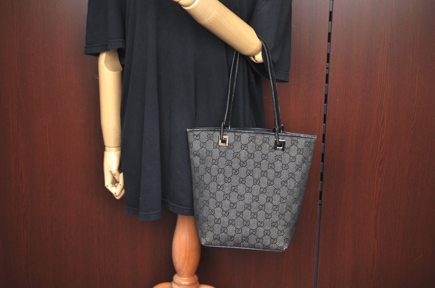 Authentic GUCCI Vintage Shoulder Tote Bag GG Canvas Leather 31244 Black 6918J
