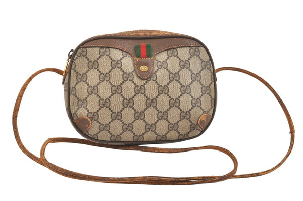 Authentic GUCCI Web Sherry Line Shoulder Bag GG PVC Leather Brown Junk 6918K