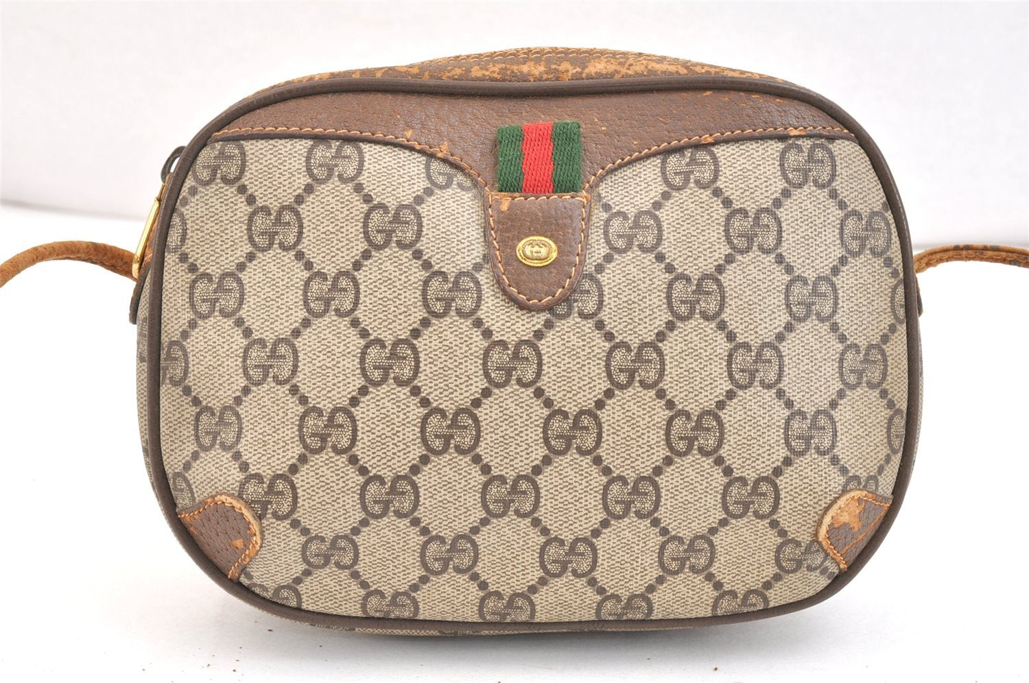 Authentic GUCCI Web Sherry Line Shoulder Bag GG PVC Leather Brown Junk 6918K