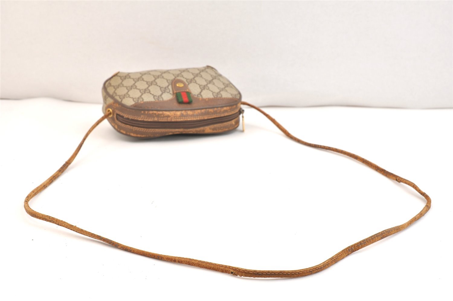 Authentic GUCCI Web Sherry Line Shoulder Bag GG PVC Leather Brown Junk 6918K