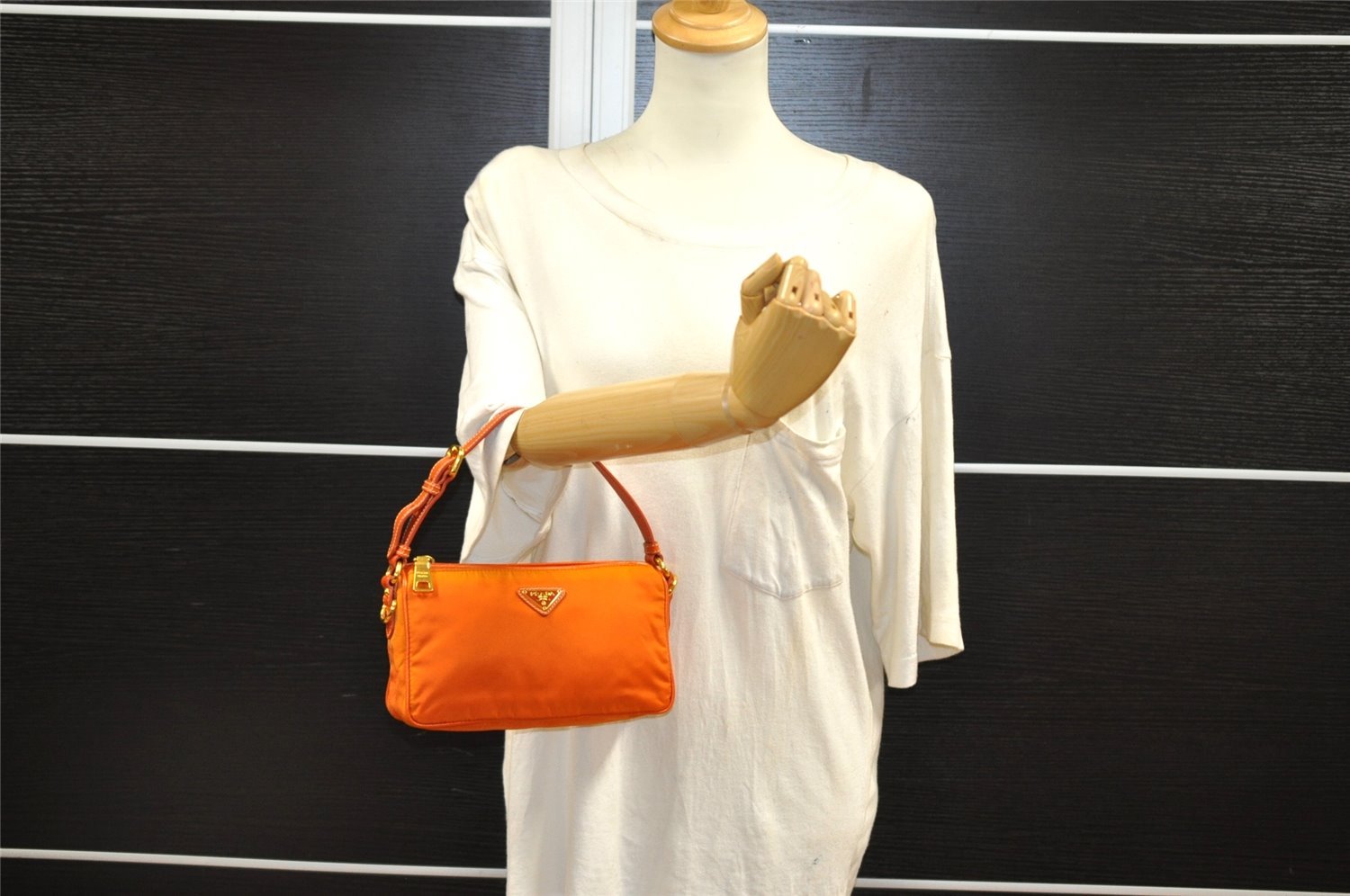 Authentic PRADA Nylon Tessuto Saffiano Leather Hand Bag Pouch Purse Orange 6919I