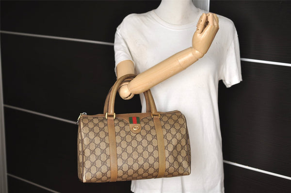 Authentic GUCCI Web Sherry Line Hand Boston Bag GG PVC Leather Brown Junk 6920I