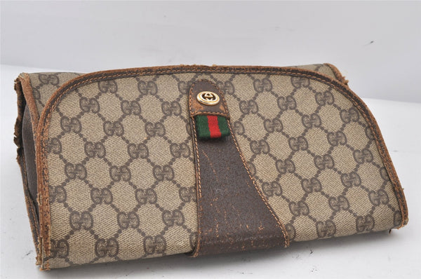 Authentic GUCCI Web Sherry Line Clutch Hand Bag Purse GG PVC Leather Brown 6920K