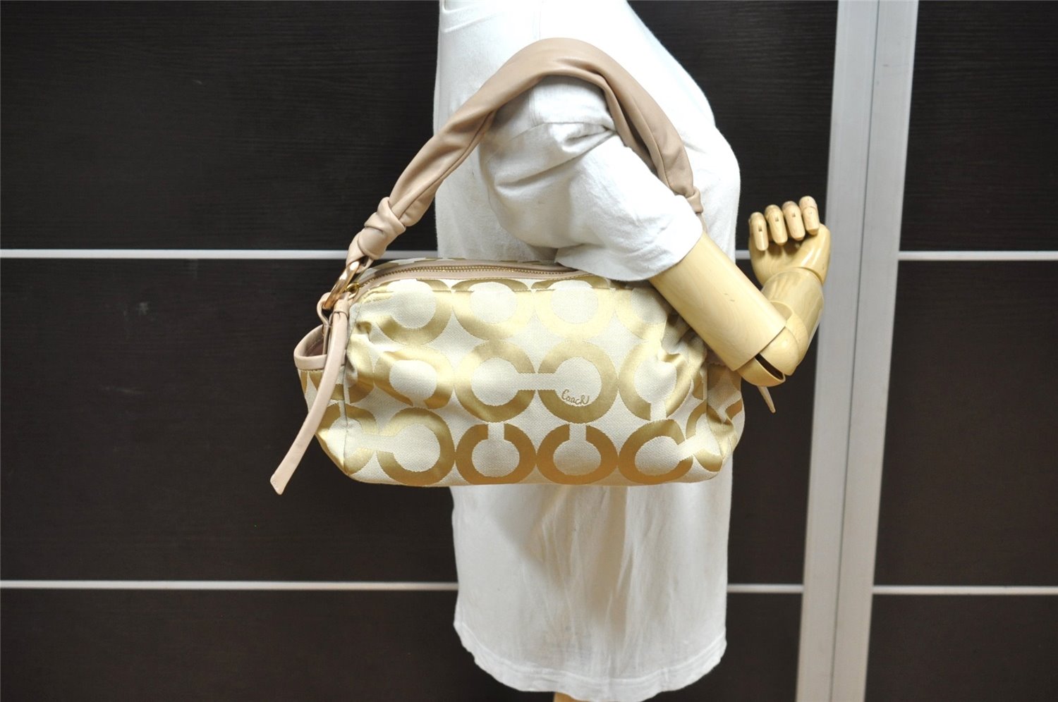 Authentic COACH Op Art Shoulder Hand Bag Canvas Leather 13439 Beige 6936J