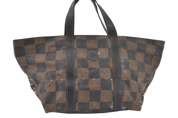 Authentic FENDI Vintage Pequin Check Tote Hand Bag PVC Leather Brown Black 6937K