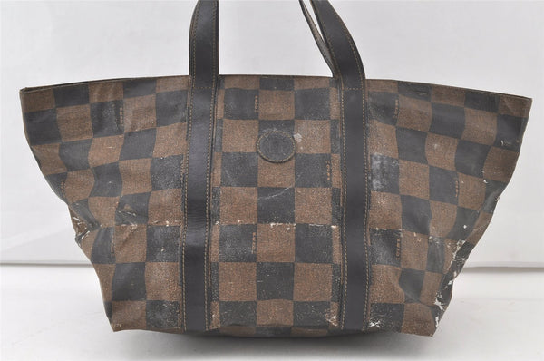 Authentic FENDI Vintage Pequin Check Tote Hand Bag PVC Leather Brown Black 6937K