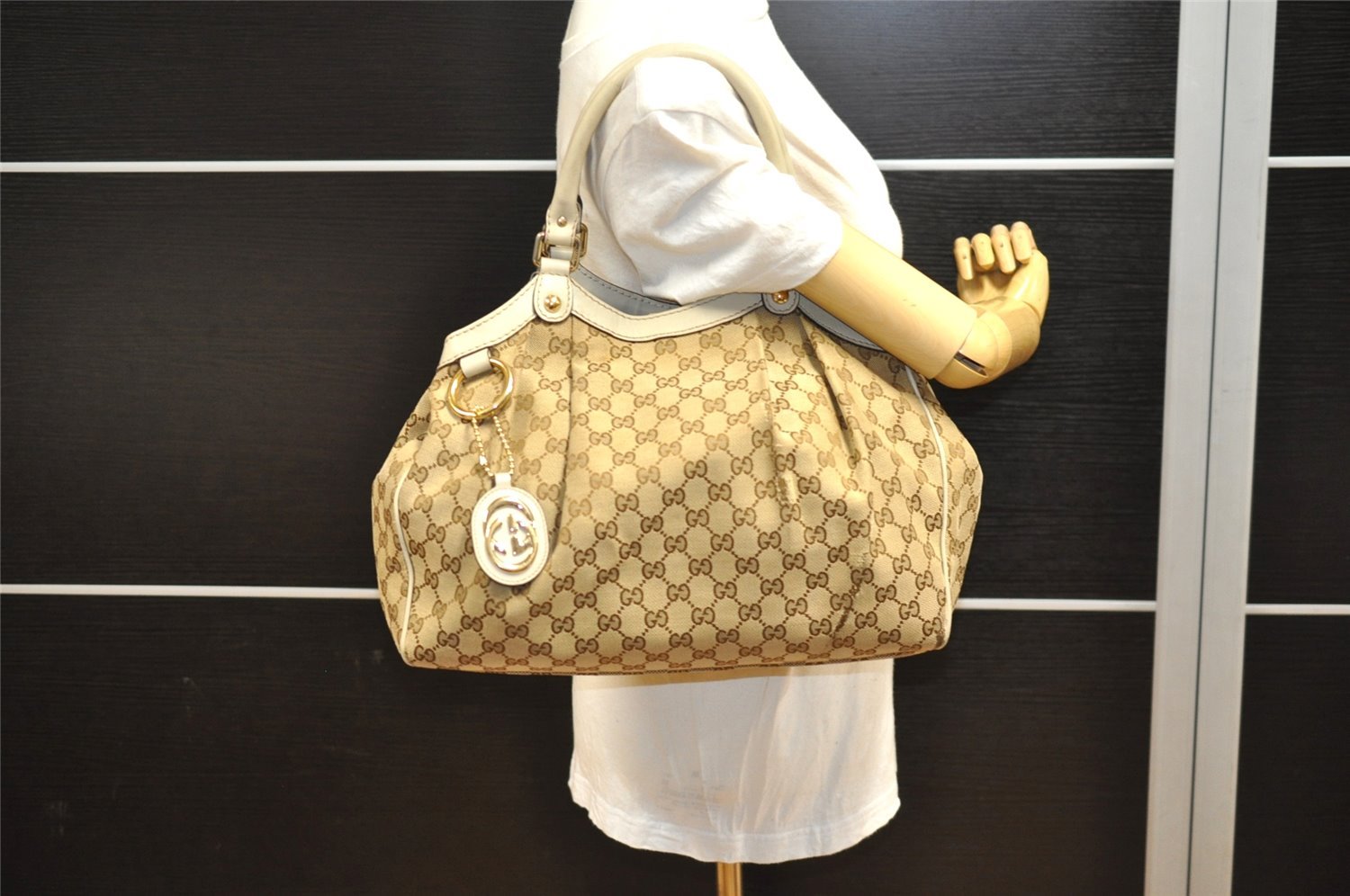 Authentic GUCCI Sukey Shoulder Tote Bag GG Canvas Leather 211944 Brown 6940I