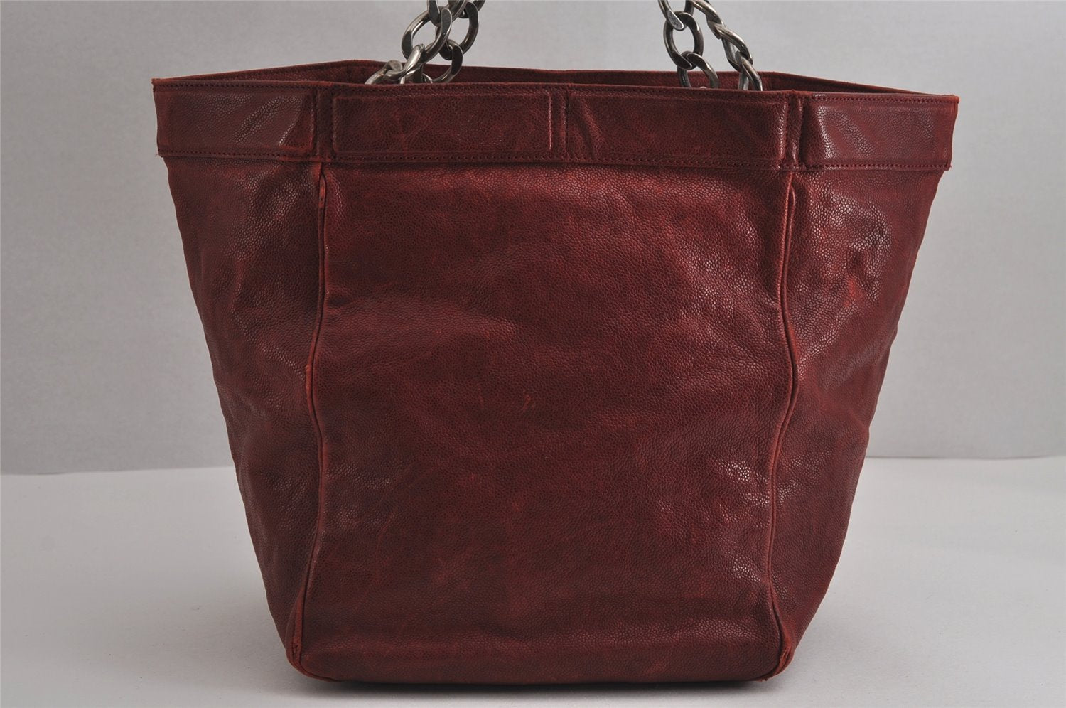 Authentic CHANEL Caviar Skin CC Logo Chain Shoulder Tote Bag Bordeaux Red 6943J