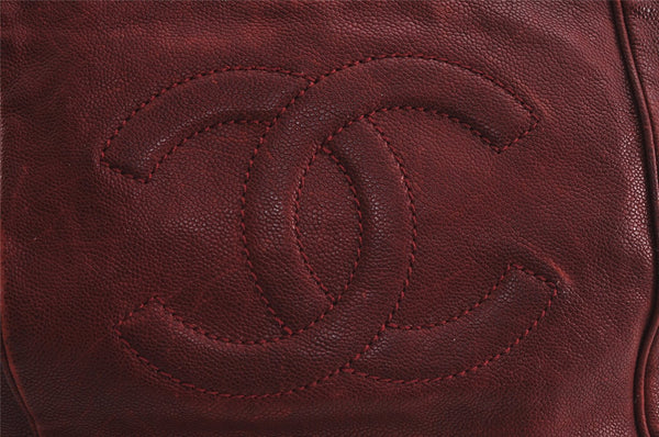 Authentic CHANEL Caviar Skin CC Logo Chain Shoulder Tote Bag Bordeaux Red 6943J