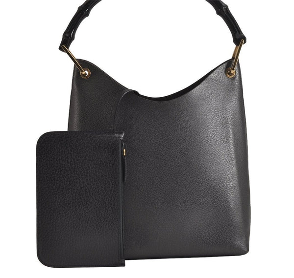 Authentic GUCCI Vintage Bamboo Shoulder Hand Bag Purse Leather Gray 6949J