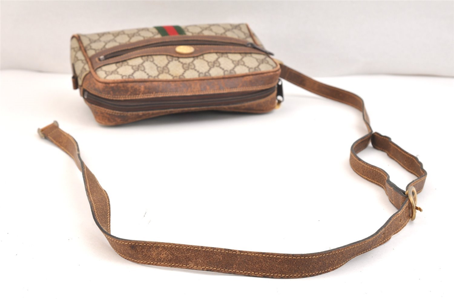 Authentic GUCCI Web Sherry Line Shoulder Bag GG PVC Leather Brown Junk 6950K