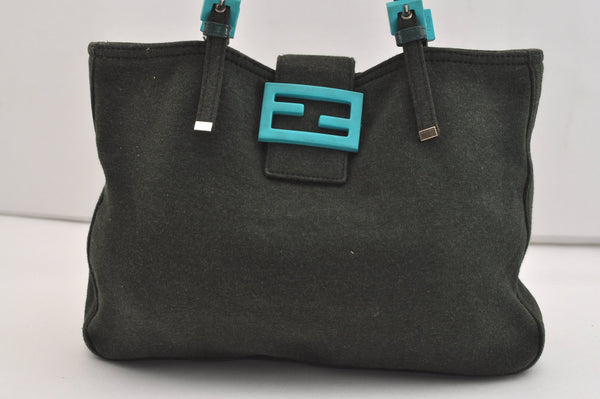 Authentic FENDI Vintage Cotton Jersey Leather Shoulder Tote Bag Green 6954J