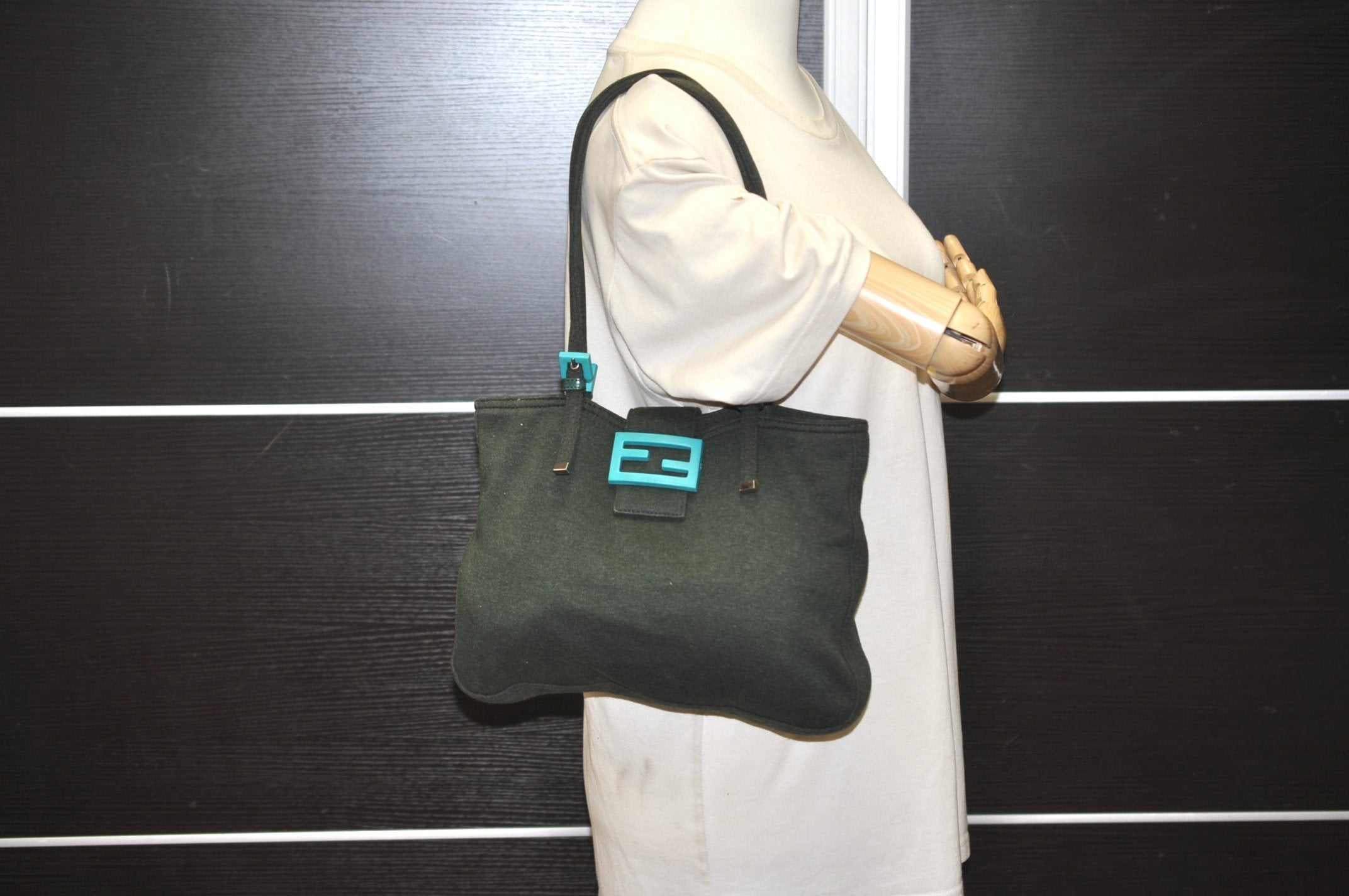 Authentic FENDI Vintage Cotton Jersey Leather Shoulder Tote Bag Green 6954J