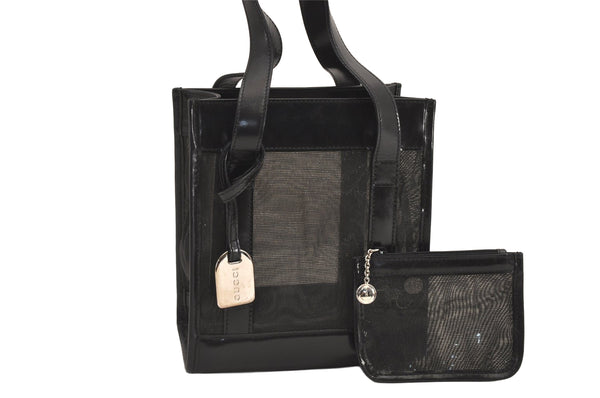 Authentic GUCCI Vintage Hand Tote Bag Purse Mesh Leather Black 6957M