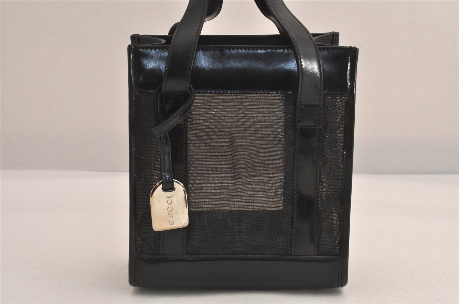 Authentic GUCCI Vintage Hand Tote Bag Purse Mesh Leather Black 6957M