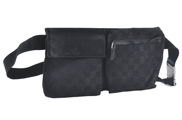 Authentic GUCCI Vintage Waist Body Bag Purse GG Canvas Leather 28566 Black 6960J