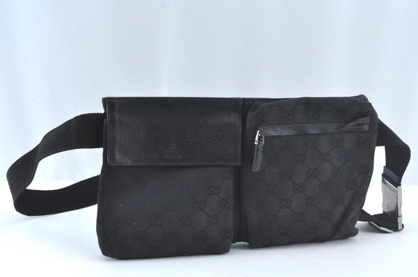 Authentic GUCCI Vintage Waist Body Bag Purse GG Canvas Leather 28566 Black 6960J