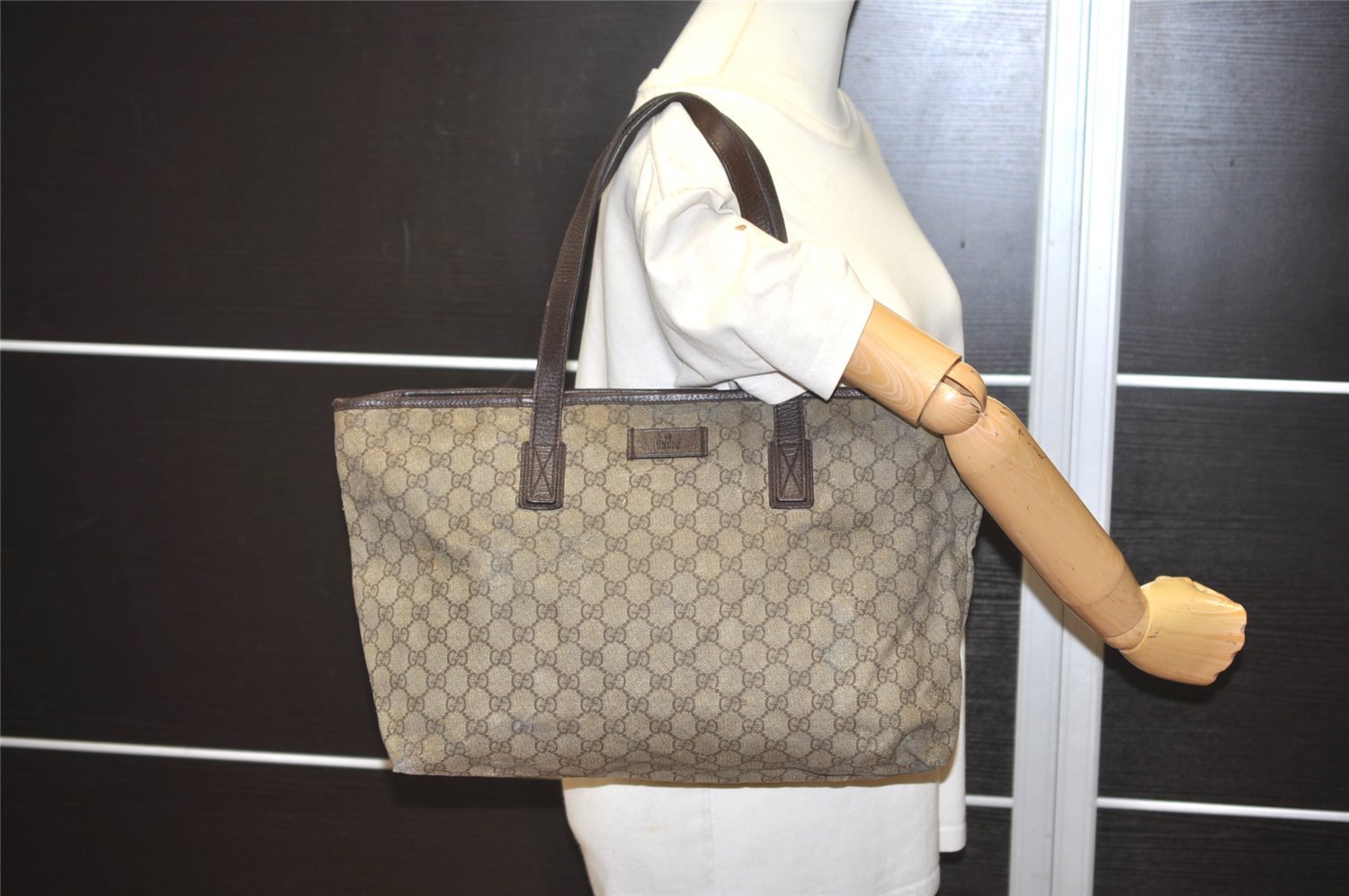 Authentic GUCCI Vintage Shoulder Tote Bag GG PVC Leather 181084 Brown 6962I