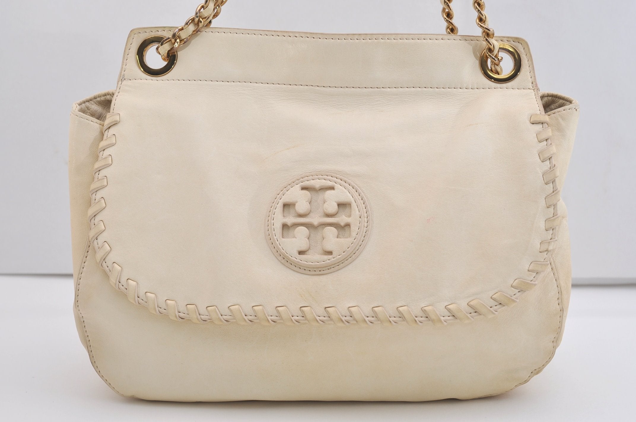 Authentic TORY BURCH Marion Leather Chain Shoulder Bag Purse White Cream 6963J