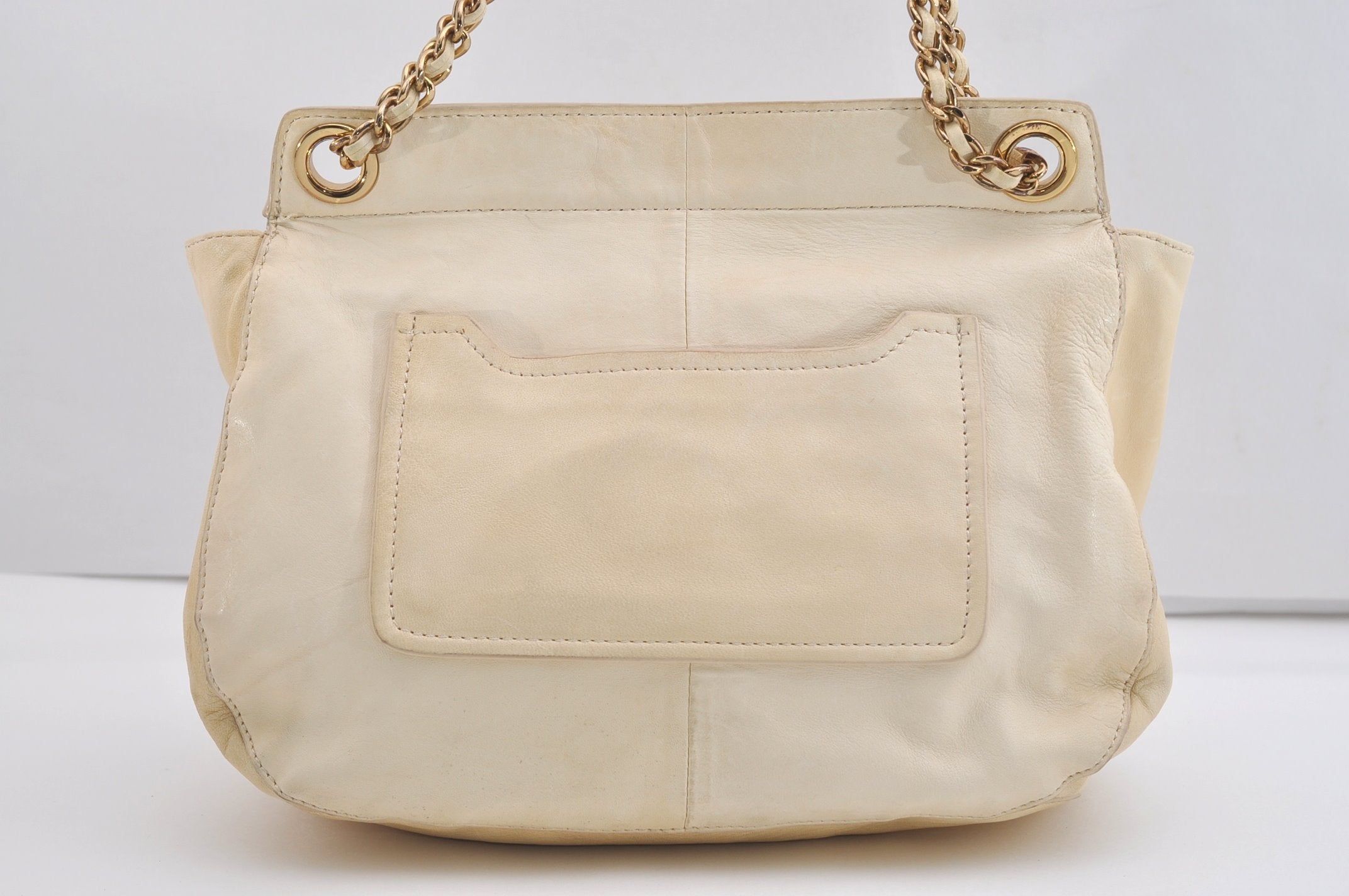 Authentic TORY BURCH Marion Leather Chain Shoulder Bag Purse White Cream 6963J