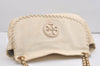 Authentic TORY BURCH Marion Leather Chain Shoulder Bag Purse White Cream 6963J