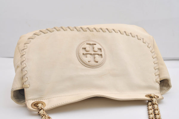 Authentic TORY BURCH Marion Leather Chain Shoulder Bag Purse White Cream 6963J