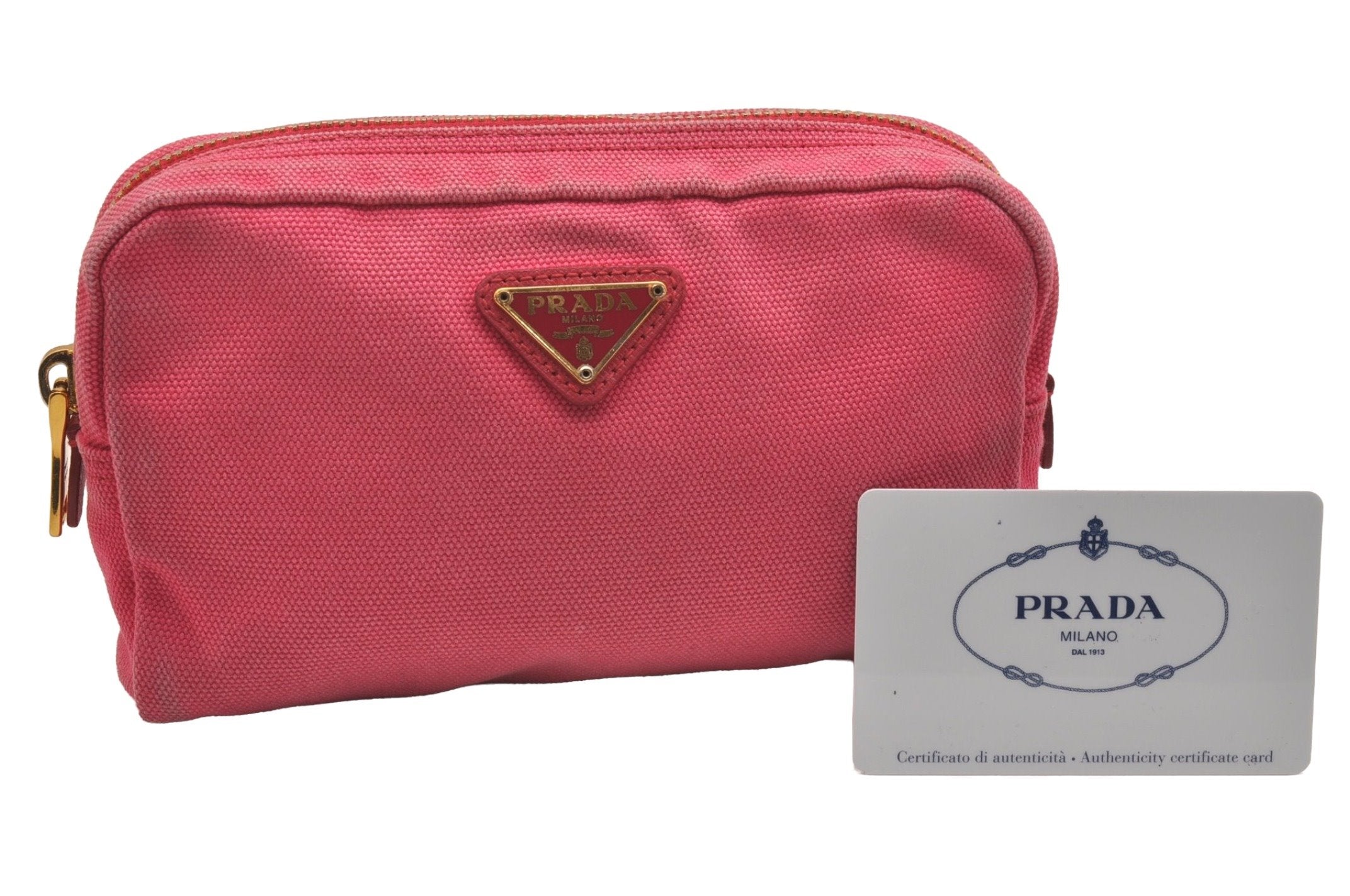 Authentic PRADA CANAPA Canvas Saffiano Leather Pouch Purse 1N0021 Pink 6964J