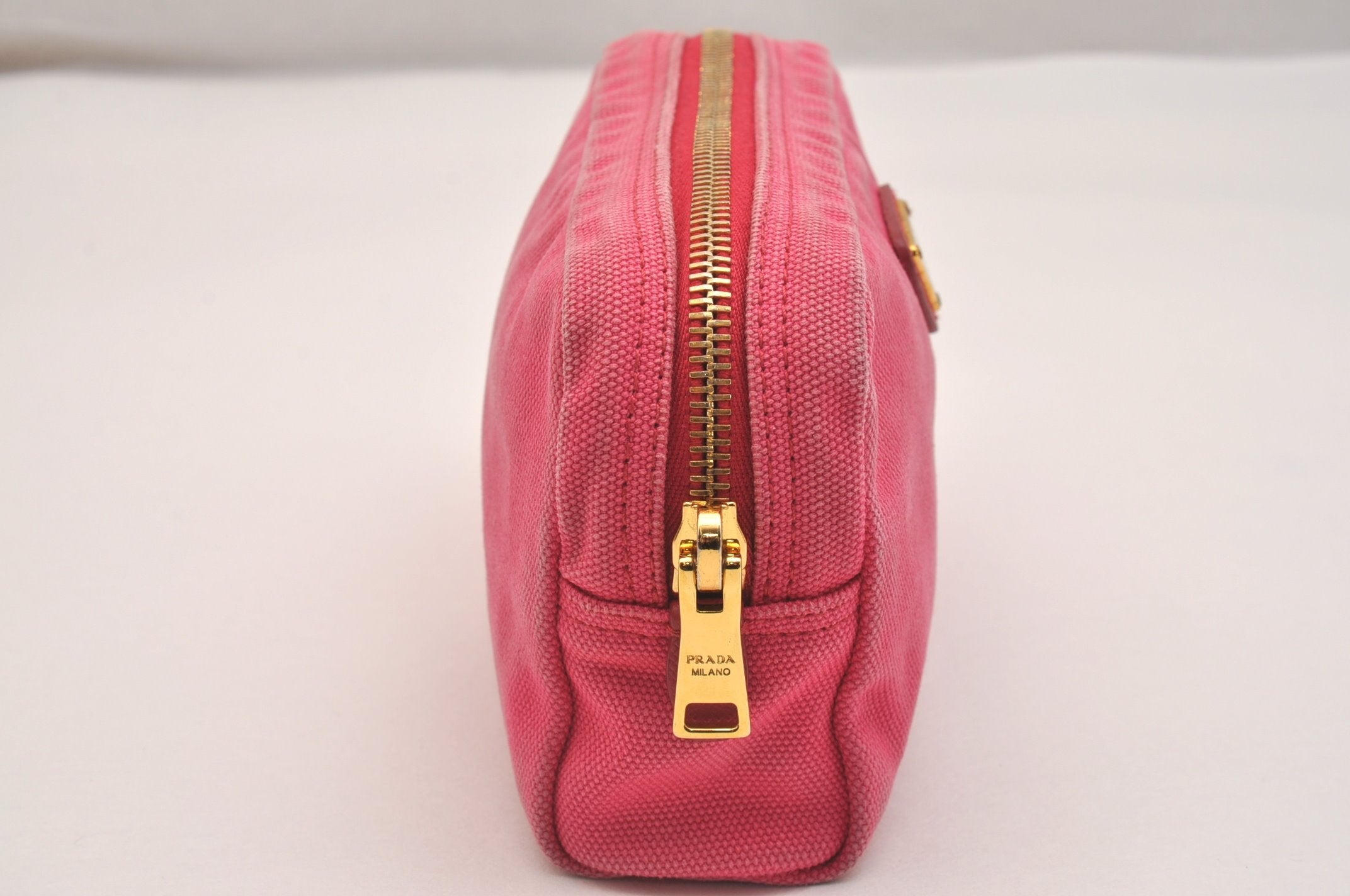 Authentic PRADA CANAPA Canvas Saffiano Leather Pouch Purse 1N0021 Pink 6964J