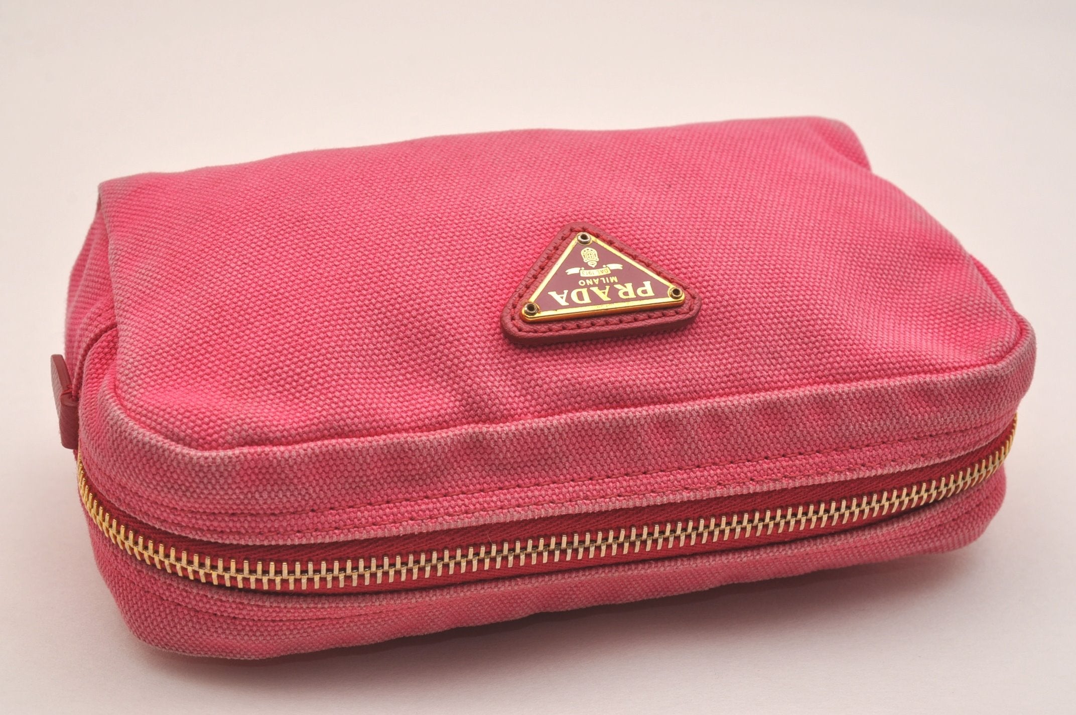 Authentic PRADA CANAPA Canvas Saffiano Leather Pouch Purse 1N0021 Pink 6964J