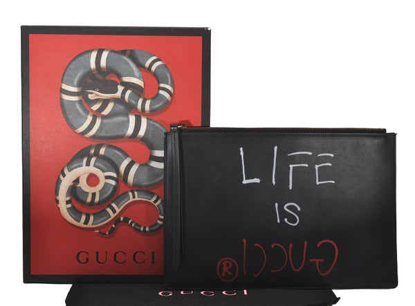 Authentic GUCCI Ghost LIFE IS GUCCI Clutch Bag Leather 445597 Black Box 6966I