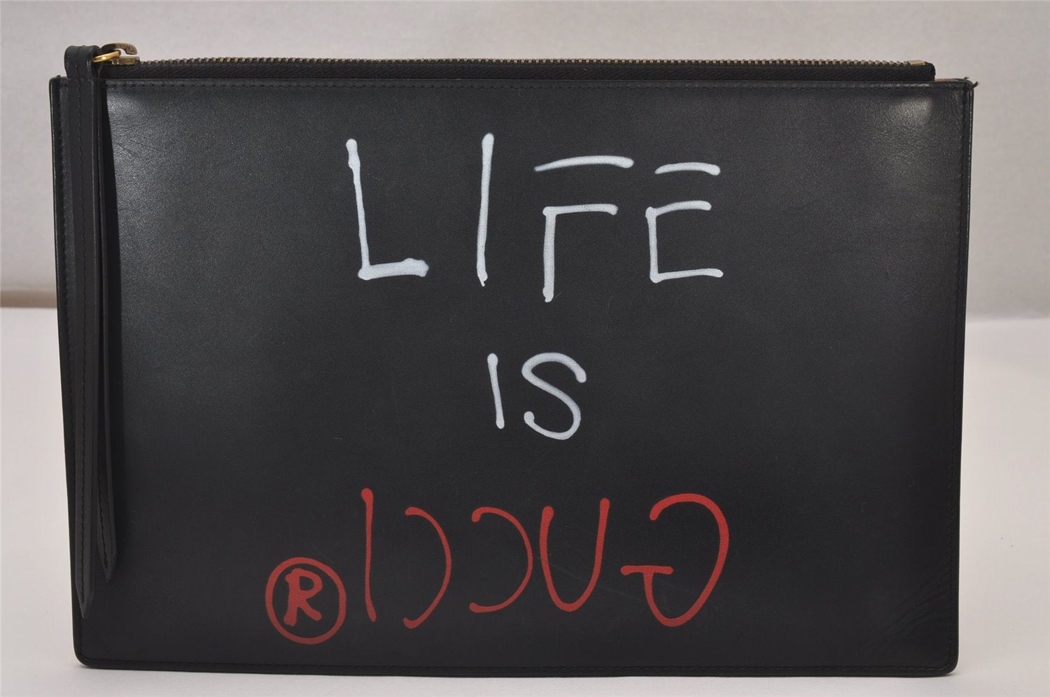 Authentic GUCCI Ghost LIFE IS GUCCI Clutch Bag Leather 445597 Black Box 6966I