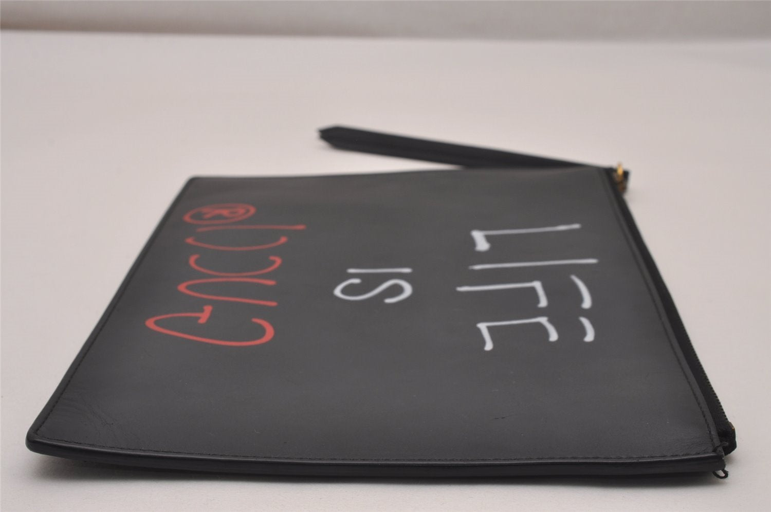 Authentic GUCCI Ghost LIFE IS GUCCI Clutch Bag Leather 445597 Black Box 6966I