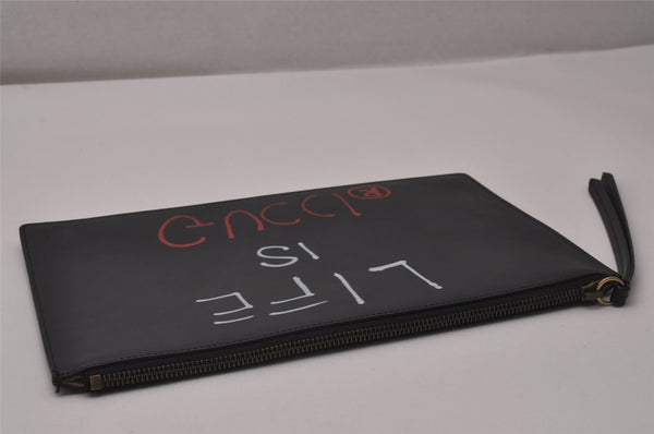Authentic GUCCI Ghost LIFE IS GUCCI Clutch Bag Leather 445597 Black Box 6966I