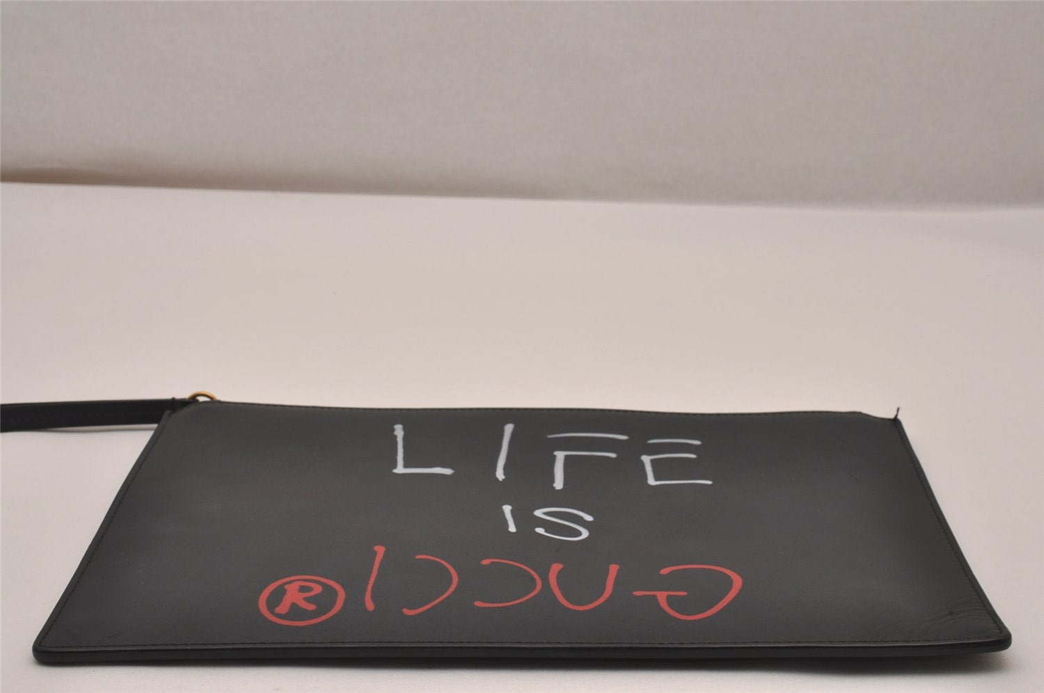 Authentic GUCCI Ghost LIFE IS GUCCI Clutch Bag Leather 445597 Black Box 6966I