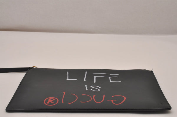 Authentic GUCCI Ghost LIFE IS GUCCI Clutch Bag Leather 445597 Black Box 6966I