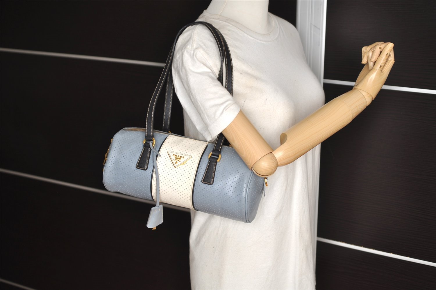 Authentic PRADA Punching Saffiano Leather Shoulder Bag BL0648 Light Blue 6973I