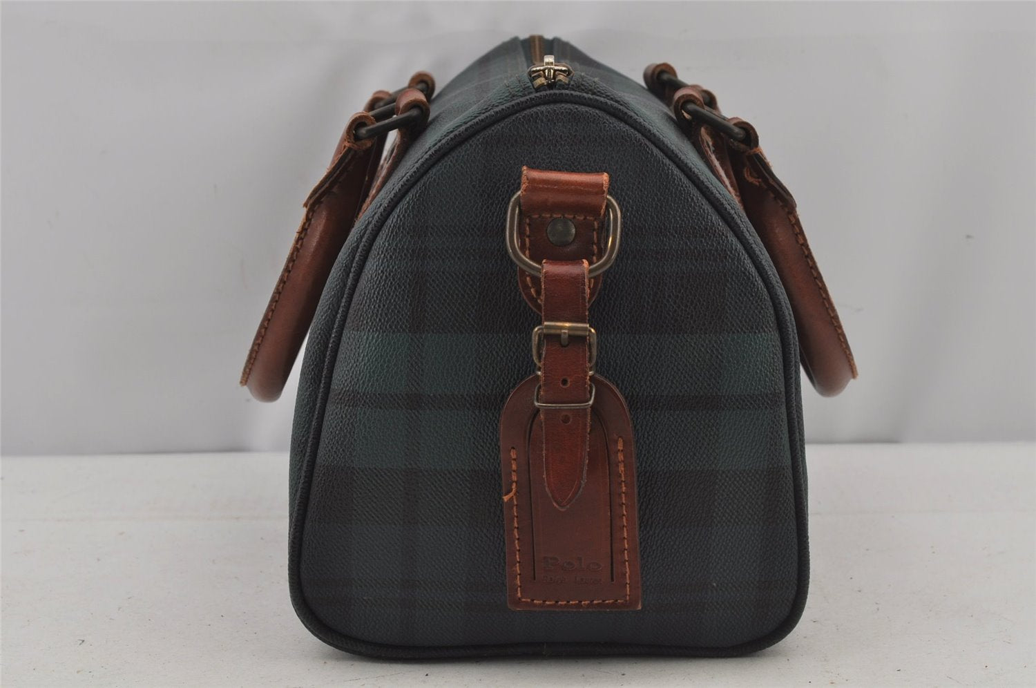 Auth POLO Ralph Lauren Check Pattern PVC Leather 2way Hand Bag Green 6979J