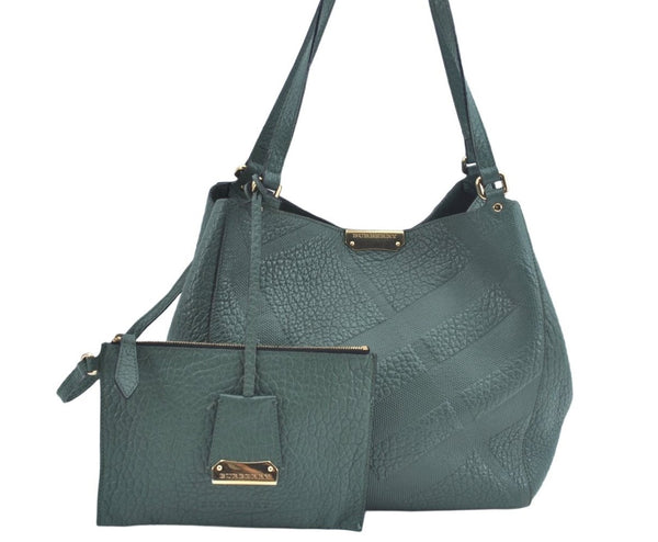Authentic BURBERRY Vintage Leather Shoulder Tote Bag Green 6980J