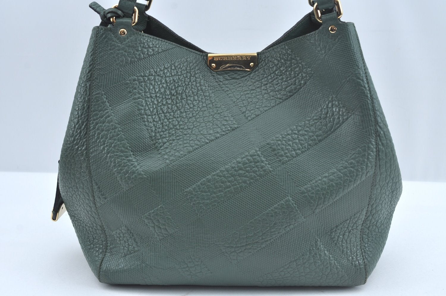 Authentic BURBERRY Vintage Leather Shoulder Tote Bag Green 6980J