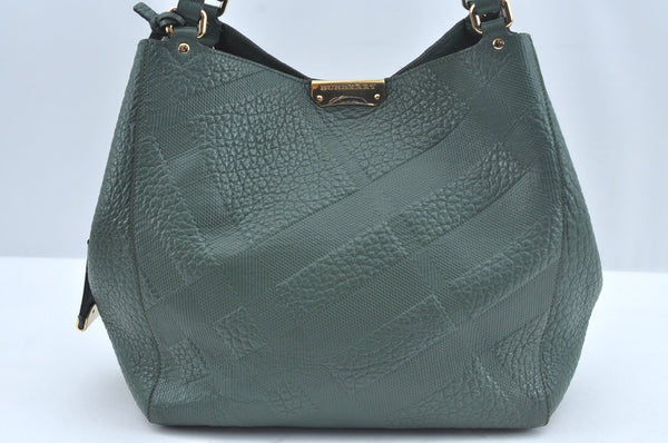 Authentic BURBERRY Vintage Leather Shoulder Tote Bag Green 6980J