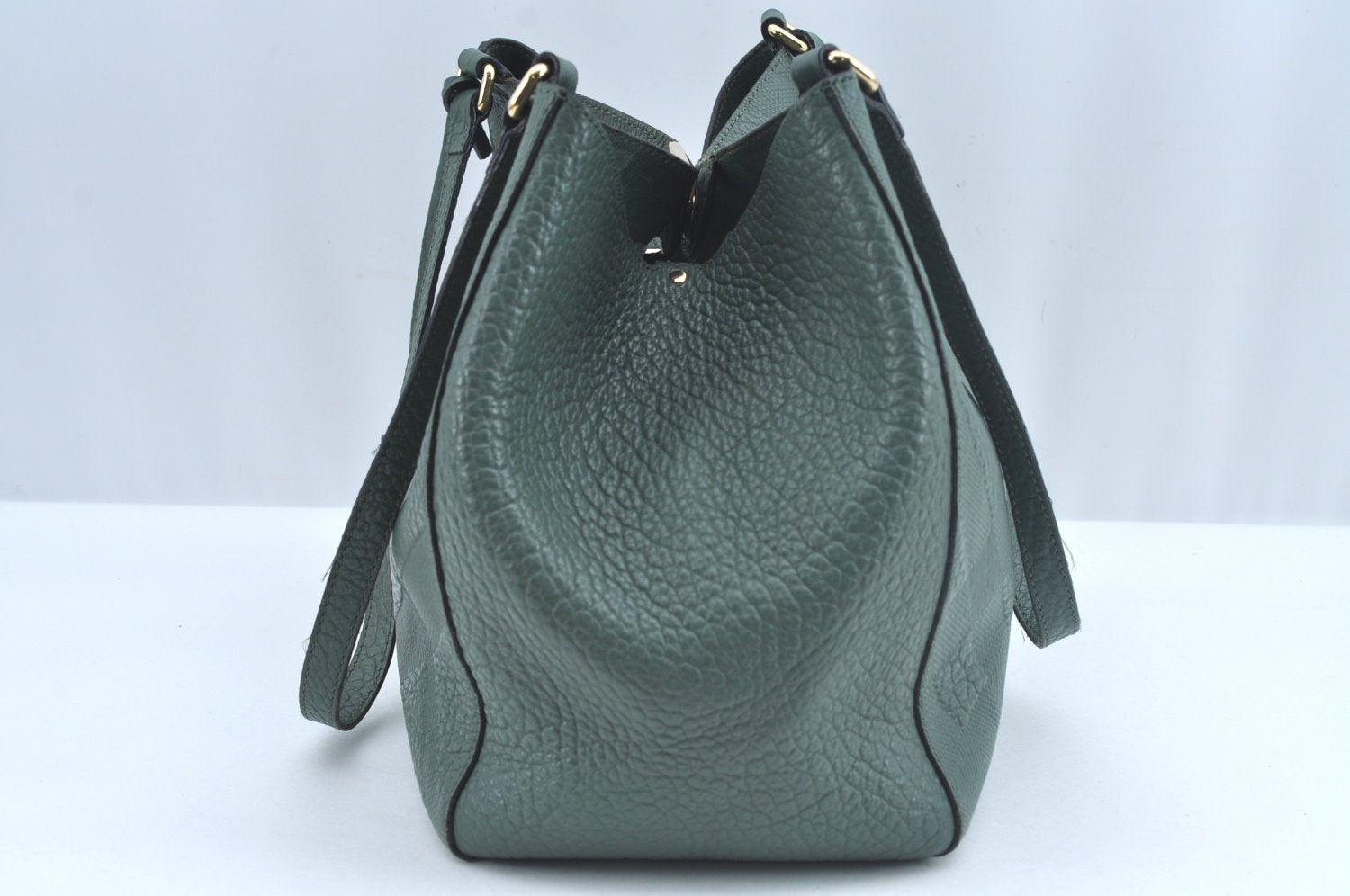 Authentic BURBERRY Vintage Leather Shoulder Tote Bag Green 6980J