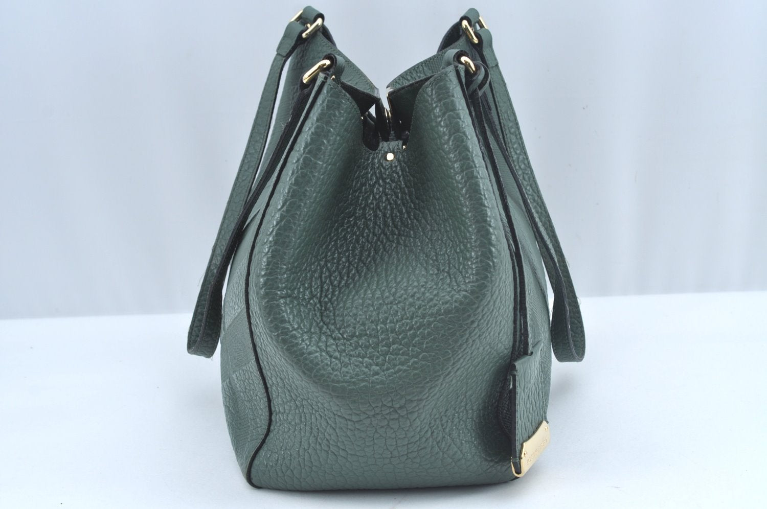 Authentic BURBERRY Vintage Leather Shoulder Tote Bag Green 6980J